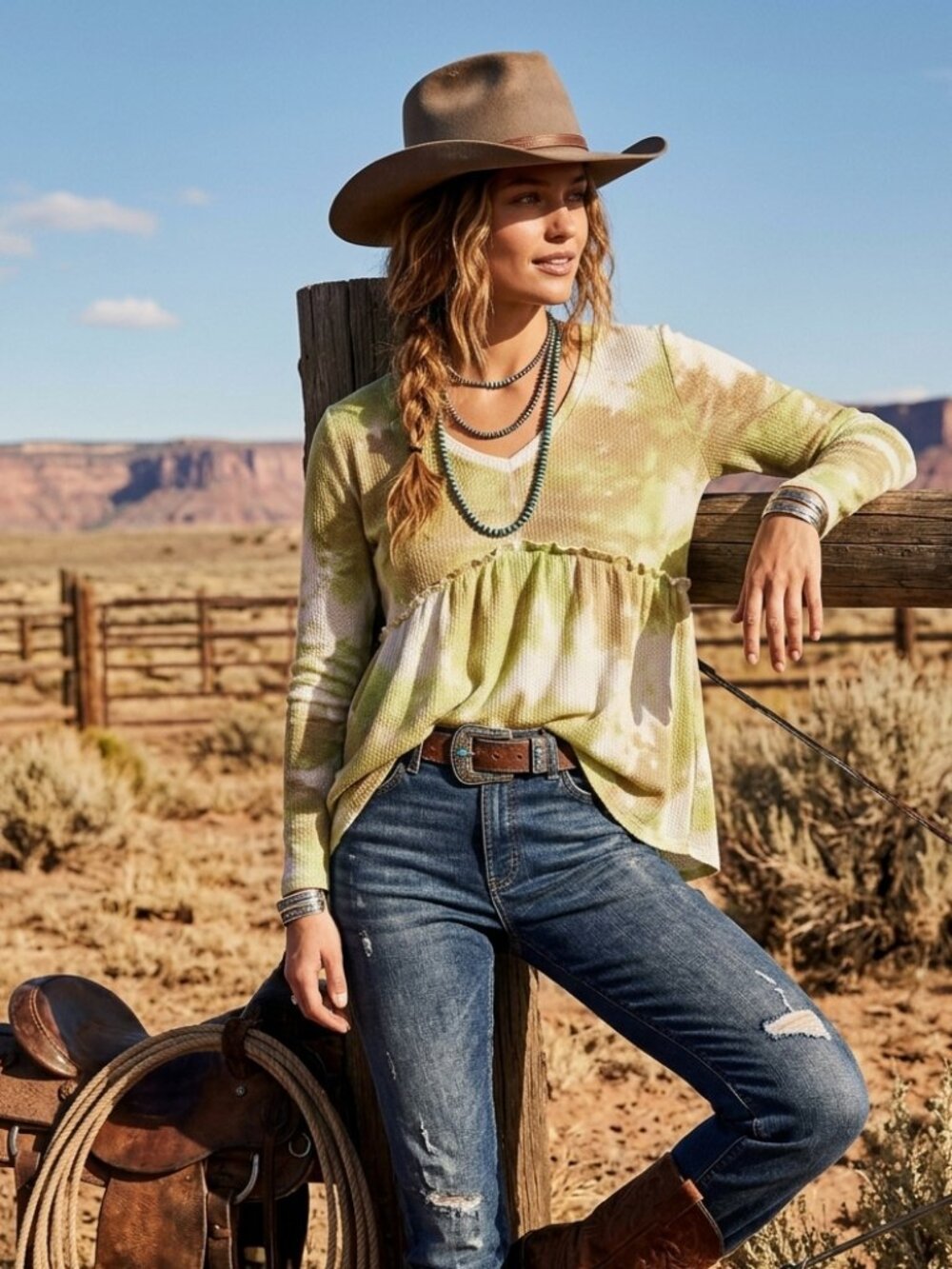 Davi & Dani Green Tie Dye Waffle Knit Babydoll Long Sleeve Tunic Top